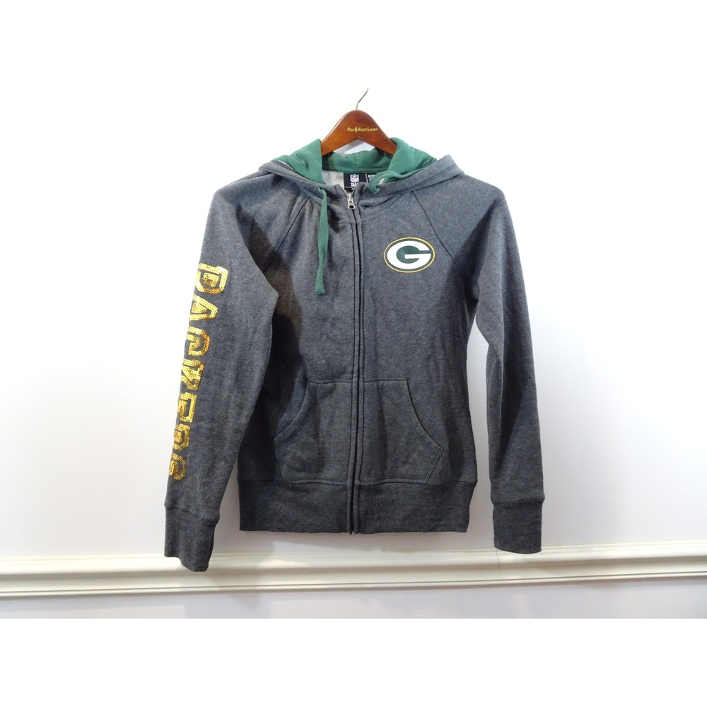 NFL Team Apparel Green Bay Packers Sequin Sleeve Zip Hoodie Gray Womens Small